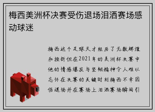 梅西美洲杯决赛受伤退场泪洒赛场感动球迷 梅西美洲杯决赛受伤退场泪洒赛场感动球迷