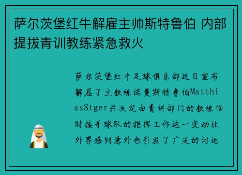 萨尔茨堡红牛解雇主帅斯特鲁伯 内部提拔青训教练紧急救火